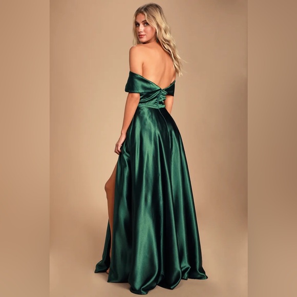 Lulu’s Greatest Hits Forest Green Satin Off-the-Shoulder Maxi Dress - Picture 3 of 5